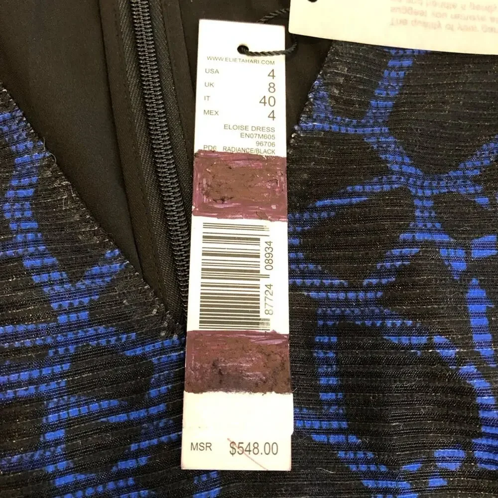 Elie Tahari Eloise blue black sheer overlay sleeveless dress size 4 NWT flawed